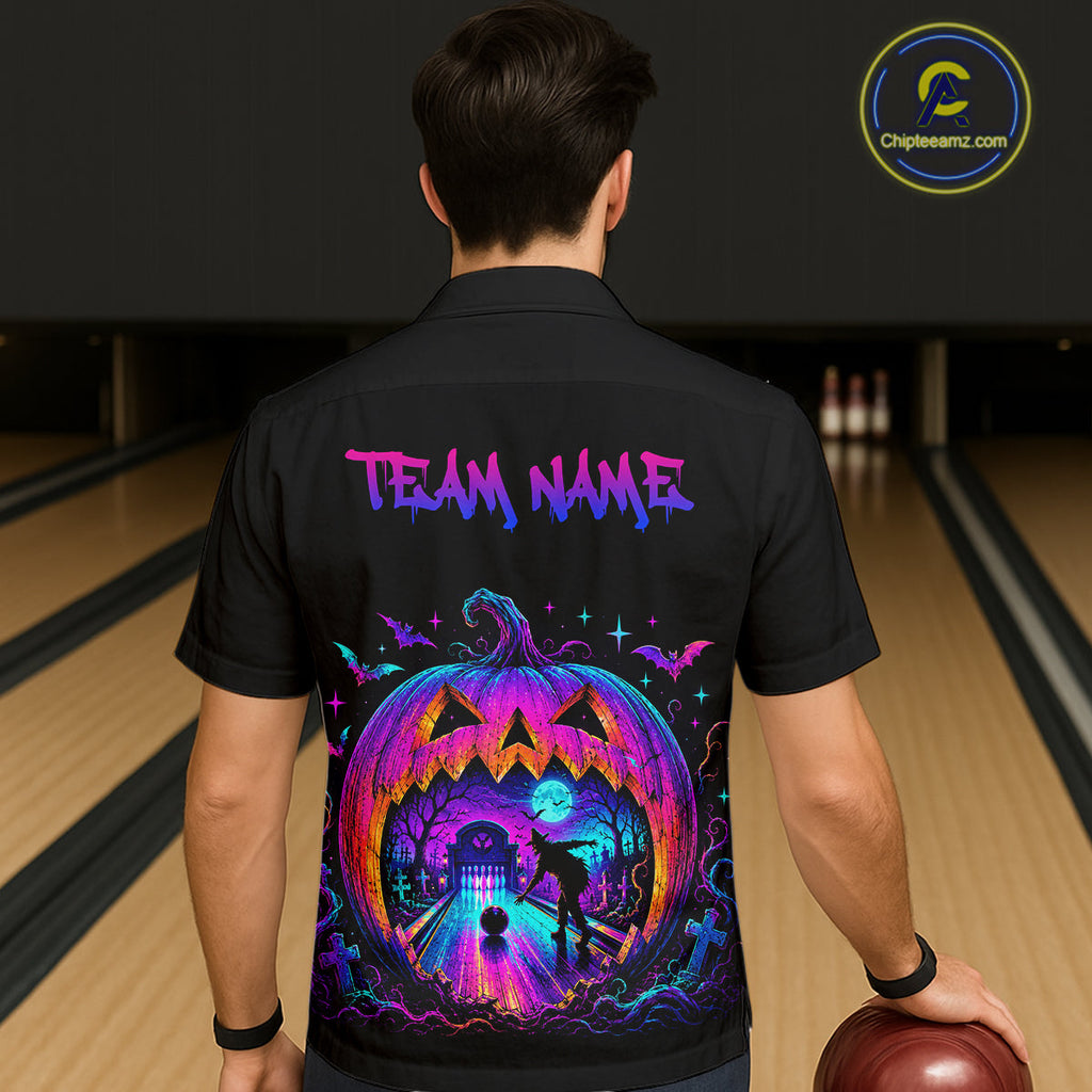 Custom Halloween Pumpkin Bowling Hawaiian Shirt Neon Glow Bowling Team Jersey