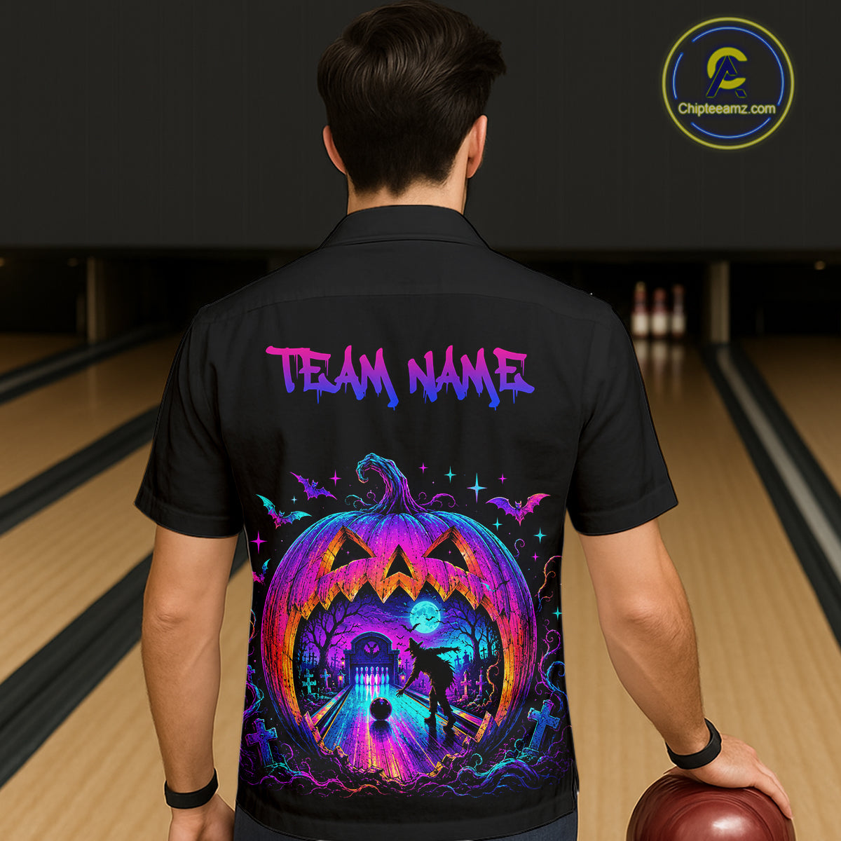 Custom Halloween Pumpkin Bowling Hawaiian Shirt Neon Glow Bowling Team Jersey