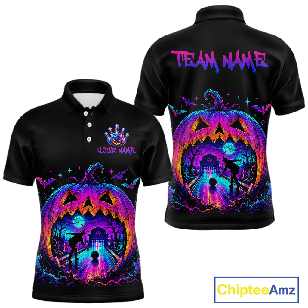 Custom Halloween Pumpkin Bowling Shirt Neon Glow Bowling Team Jersey Polo & Quarter-Zip