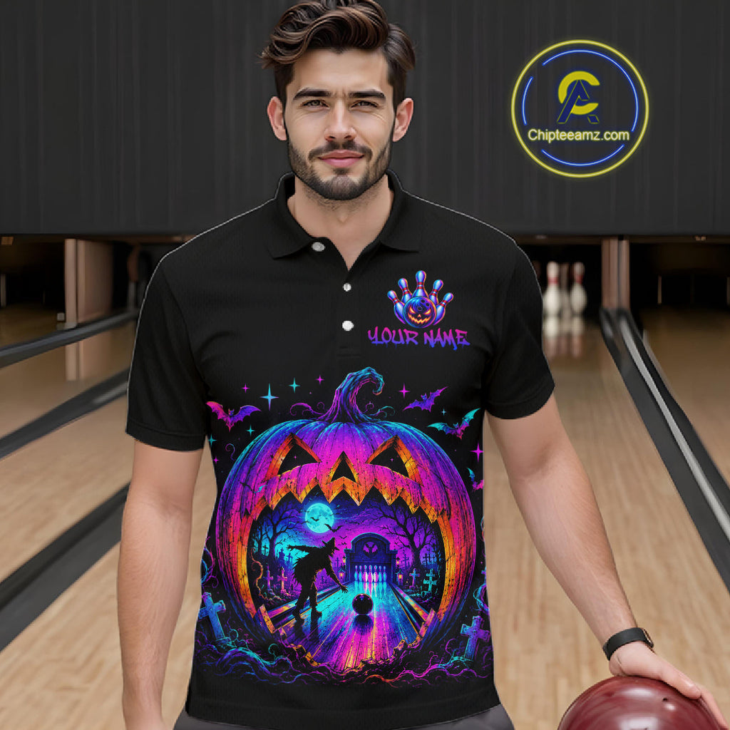 Custom Halloween Pumpkin Bowling Shirt Neon Glow Bowling Team Jersey Polo & Quarter-Zip