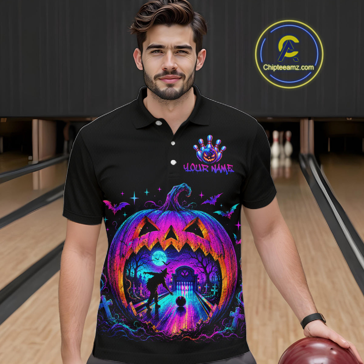 Custom Halloween Pumpkin Bowling Shirt Neon Glow Bowling Team Jersey Polo & Quarter-Zip