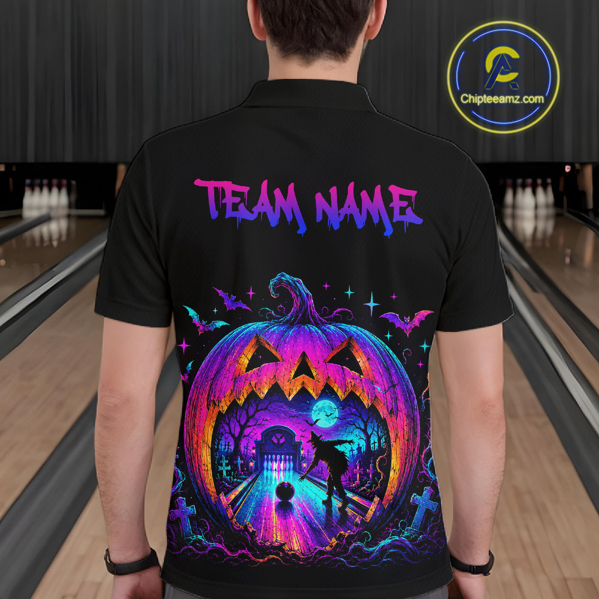 Custom Halloween Pumpkin Bowling Shirt Neon Glow Bowling Team Jersey Polo & Quarter-Zip