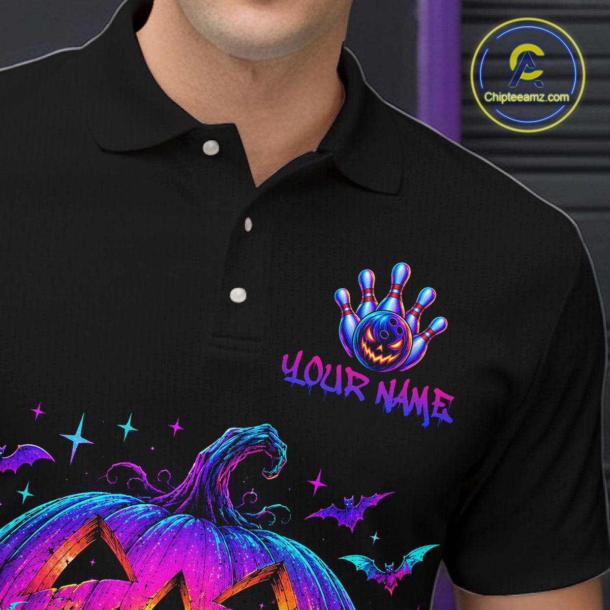 Custom Halloween Pumpkin Bowling Shirt Neon Glow Bowling Team Jersey Polo & Quarter-Zip