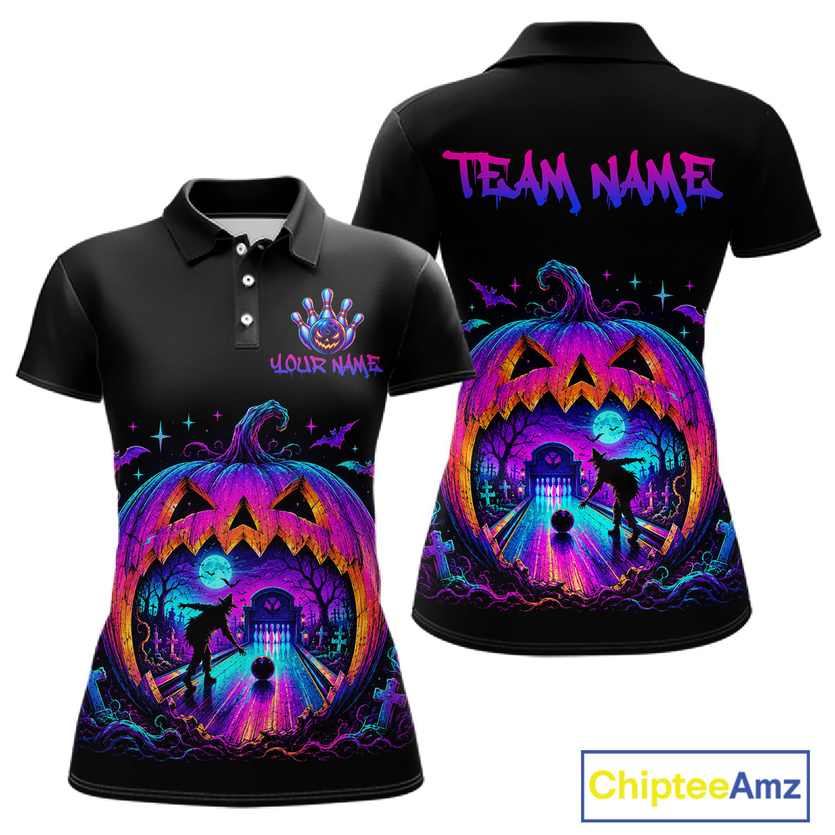 Custom Halloween Pumpkin Bowling Shirt Neon Glow Bowling Team Jersey Polo & Quarter-Zip