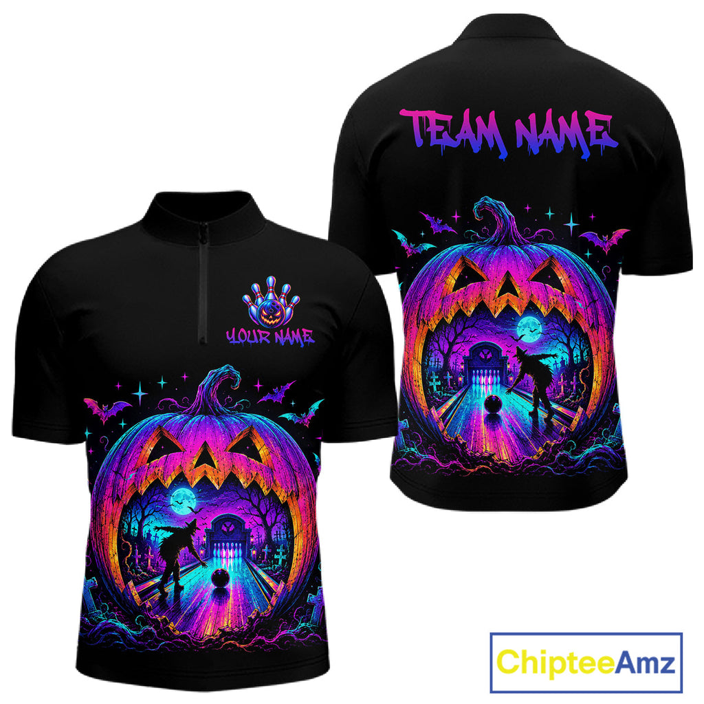 Custom Halloween Pumpkin Bowling Shirt Neon Glow Bowling Team Jersey Polo & Quarter-Zip