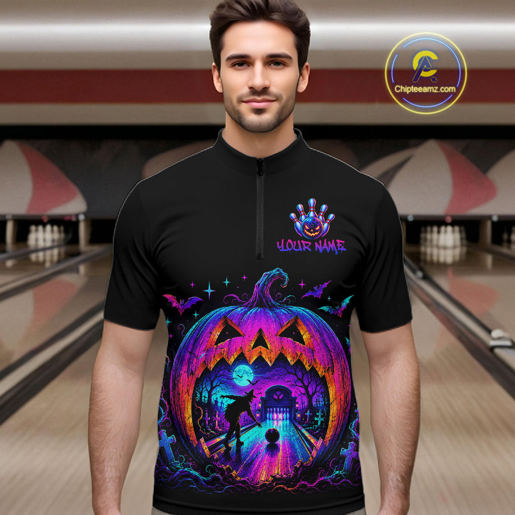 Custom Halloween Pumpkin Bowling Shirt Neon Glow Bowling Team Jersey Polo & Quarter-Zip
