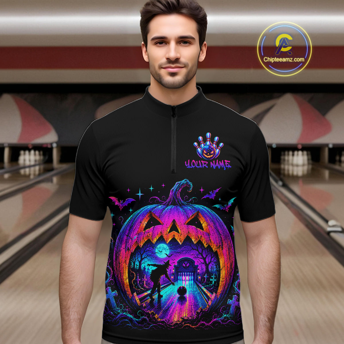 Custom Halloween Pumpkin Bowling Shirt Neon Glow Bowling Team Jersey Polo & Quarter-Zip