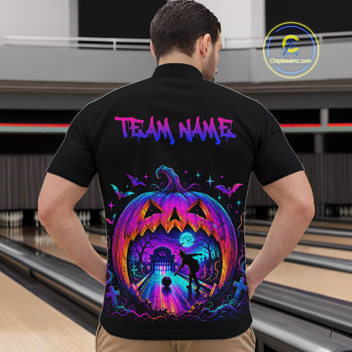 Custom Halloween Pumpkin Bowling Shirt Neon Glow Bowling Team Jersey Polo & Quarter-Zip