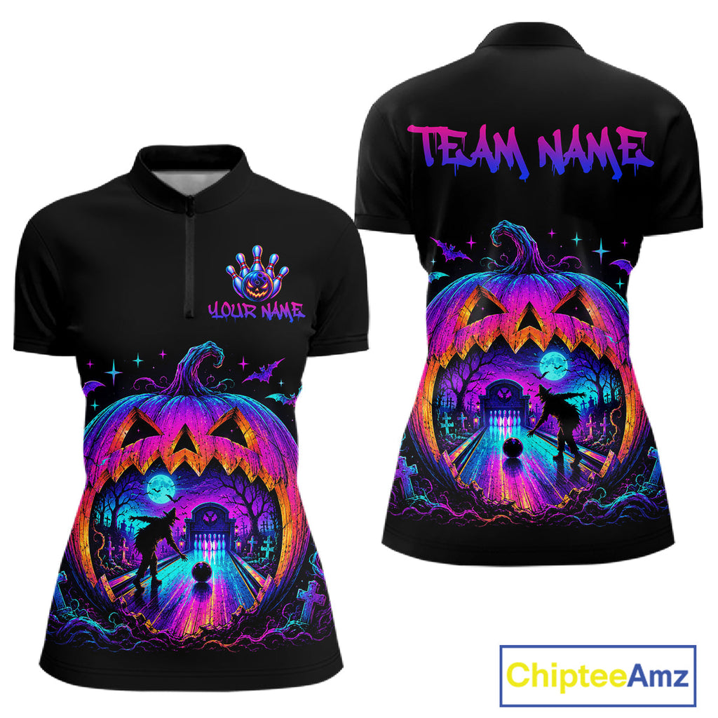 Custom Halloween Pumpkin Bowling Shirt Neon Glow Bowling Team Jersey Polo & Quarter-Zip