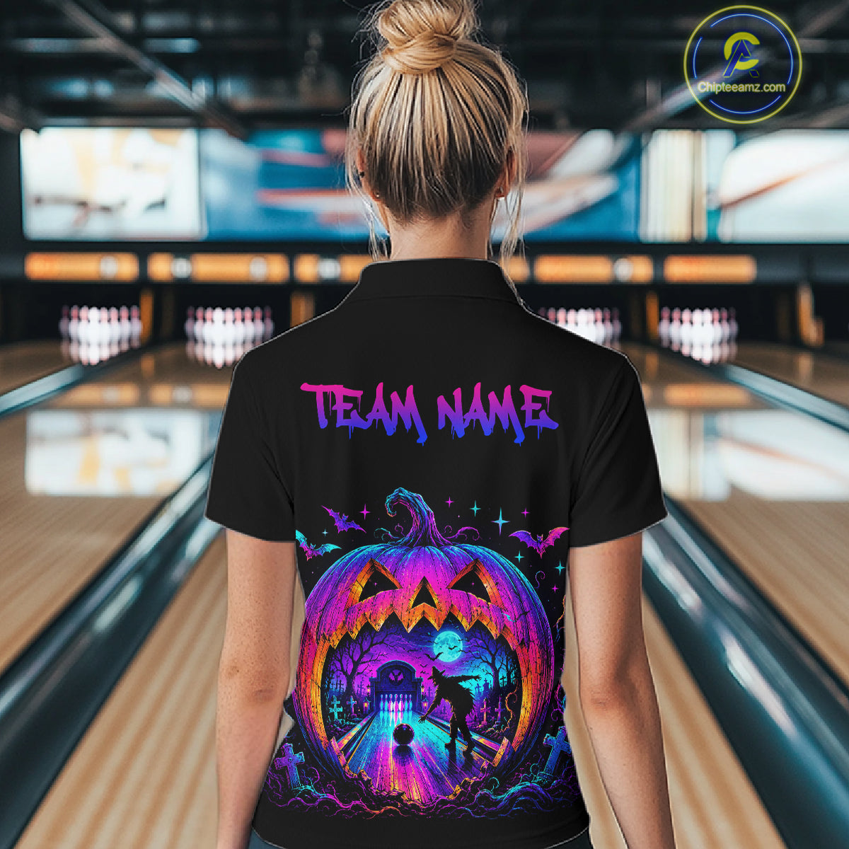Custom Halloween Pumpkin Bowling Shirt Neon Glow Bowling Team Jersey Polo & Quarter-Zip