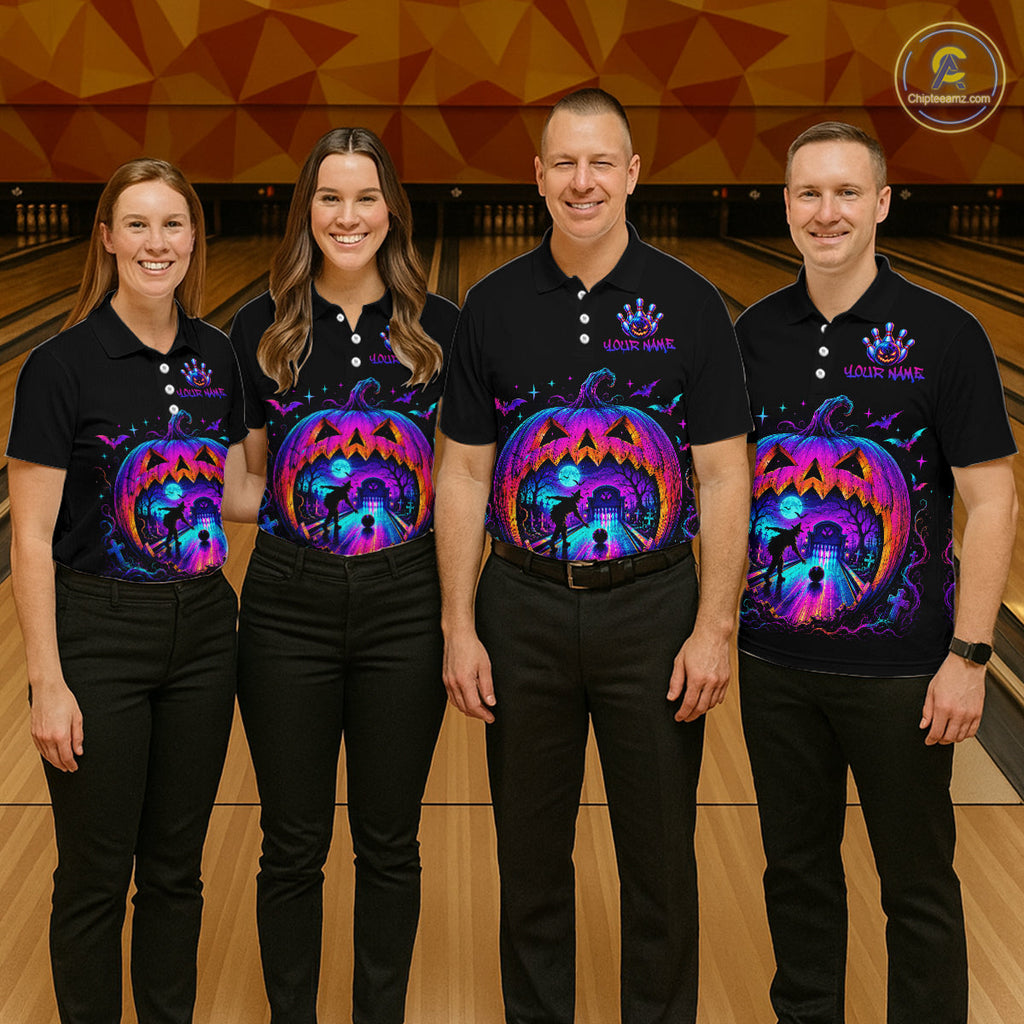 Custom Halloween Pumpkin Bowling Shirt Neon Glow Bowling Team Jersey Polo & Quarter-Zip