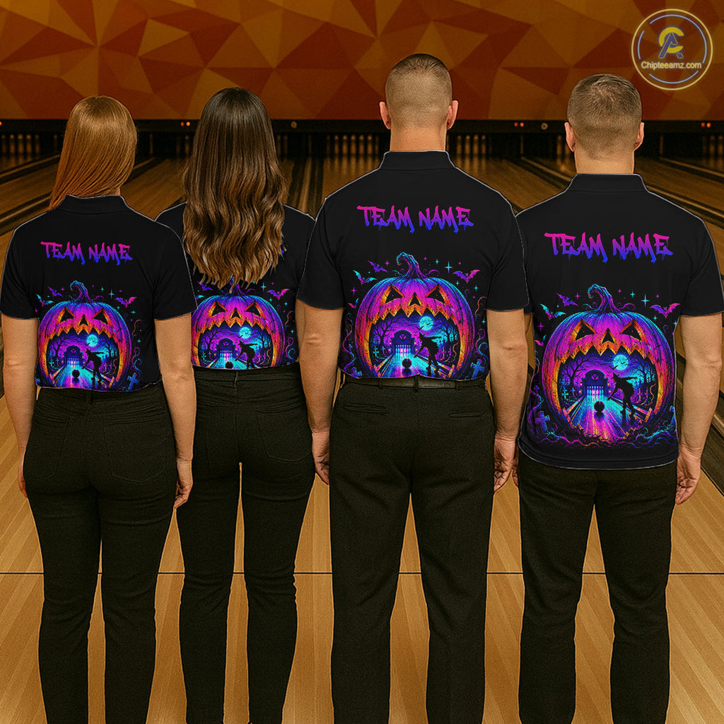 Custom Halloween Pumpkin Bowling Shirt Neon Glow Bowling Team Jersey Polo & Quarter-Zip