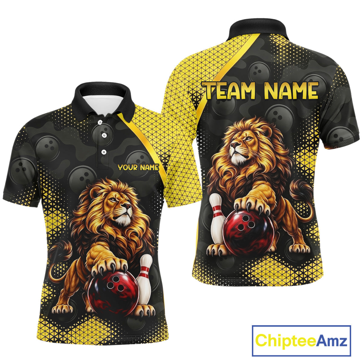 Custom Black & Yellow Lion Bowling Shirt Bowling Team Jersey Polo & 1/4-Zip