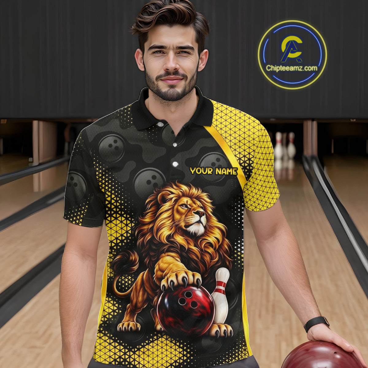 Custom Black & Yellow Lion Bowling Shirt Bowling Team Jersey Polo & 1/4-Zip
