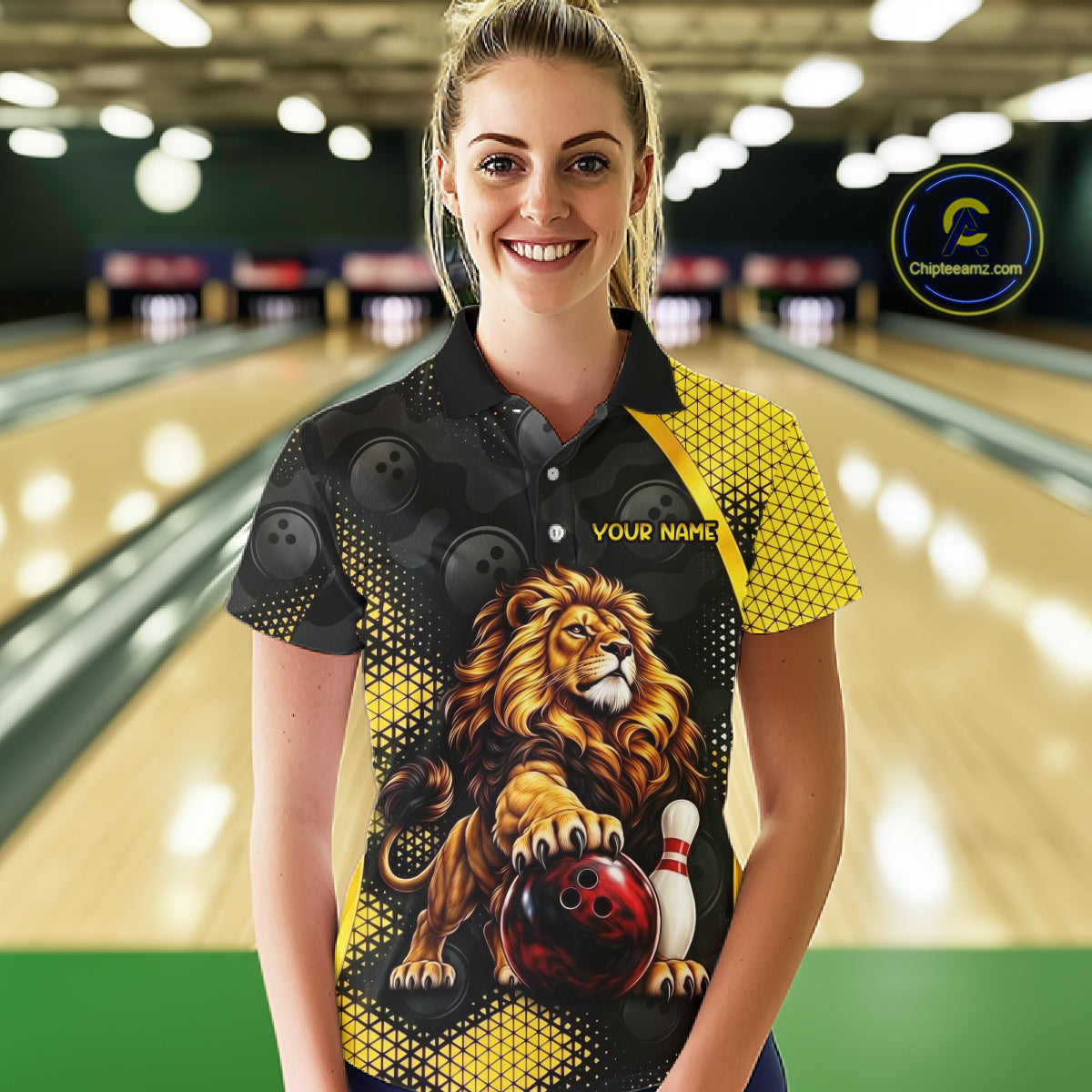 Custom Black & Yellow Lion Bowling Shirt Bowling Team Jersey Polo & 1/4-Zip