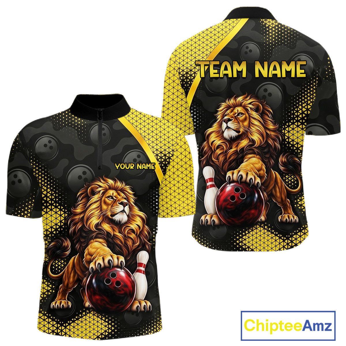 Custom Black & Yellow Lion Bowling Shirt Bowling Team Jersey Polo & 1/4-Zip