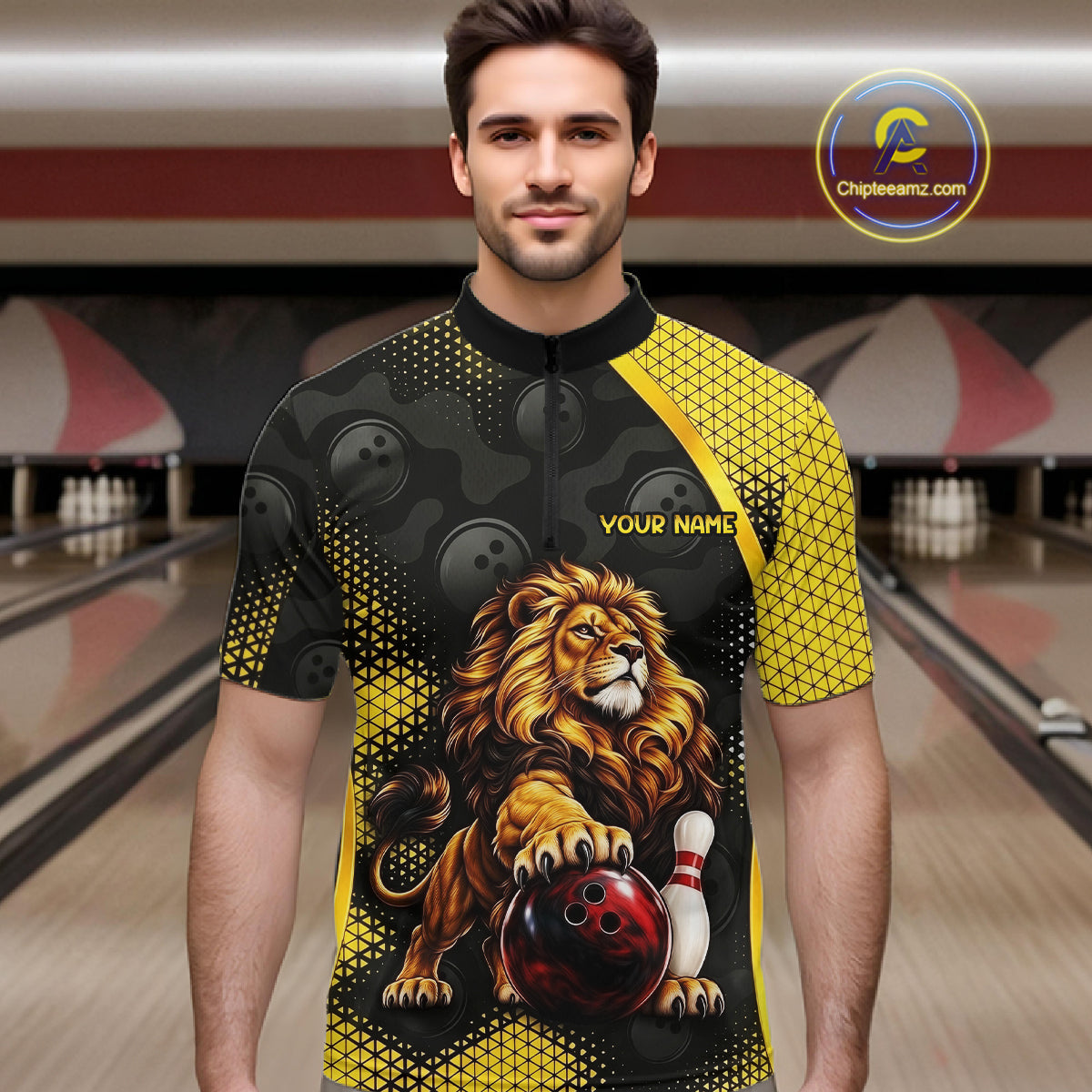 Custom Black & Yellow Lion Bowling Shirt Bowling Team Jersey Polo & 1/4-Zip