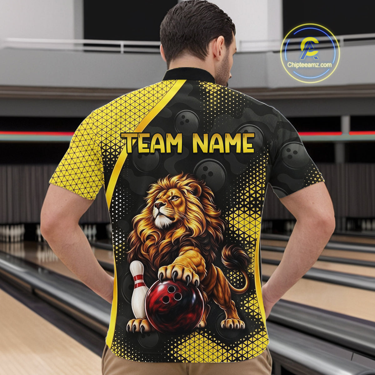 Custom Black & Yellow Lion Bowling Shirt Bowling Team Jersey Polo & 1/4-Zip