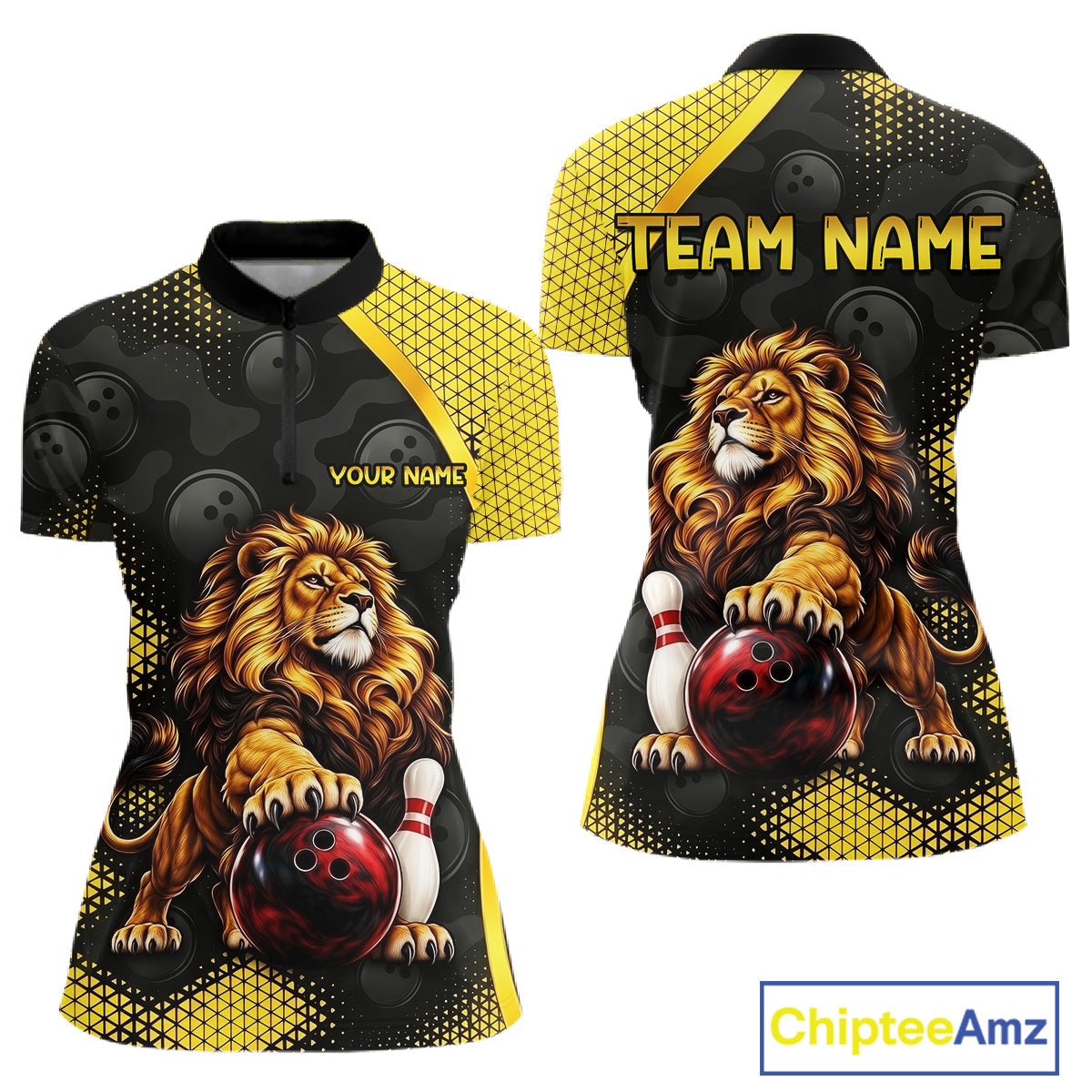 Custom Black & Yellow Lion Bowling Shirt Bowling Team Jersey Polo & 1/4-Zip