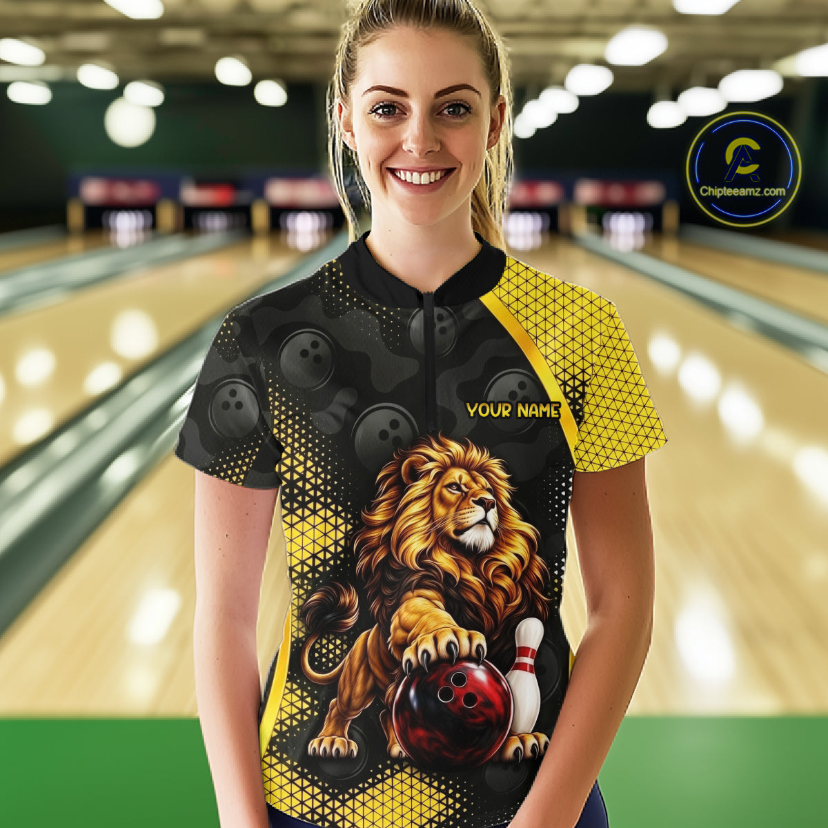 Custom Black & Yellow Lion Bowling Shirt Bowling Team Jersey Polo & 1/4-Zip