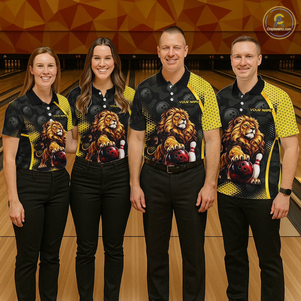 Custom Black & Yellow Lion Bowling Shirt Bowling Team Jersey Polo & 1/4-Zip
