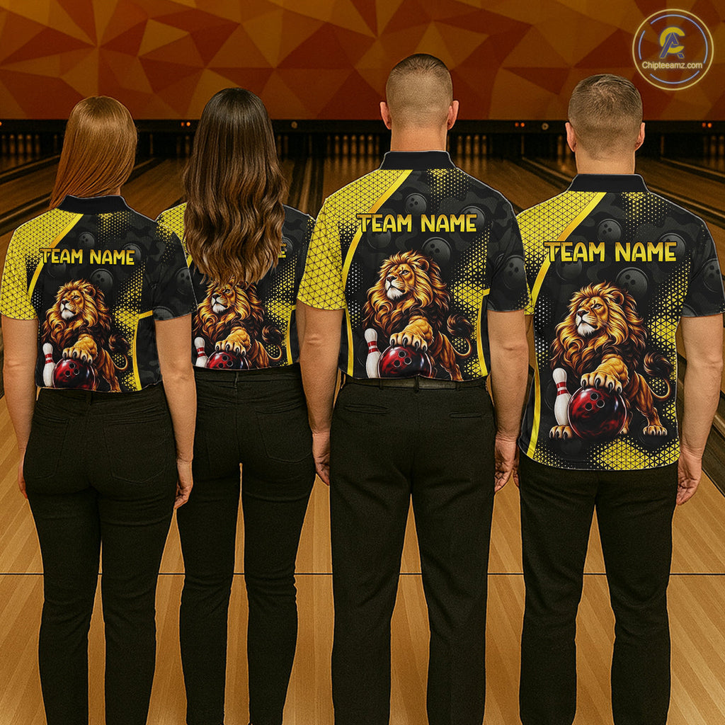 Custom Black & Yellow Lion Bowling Shirt Bowling Team Jersey Polo & 1/4-Zip