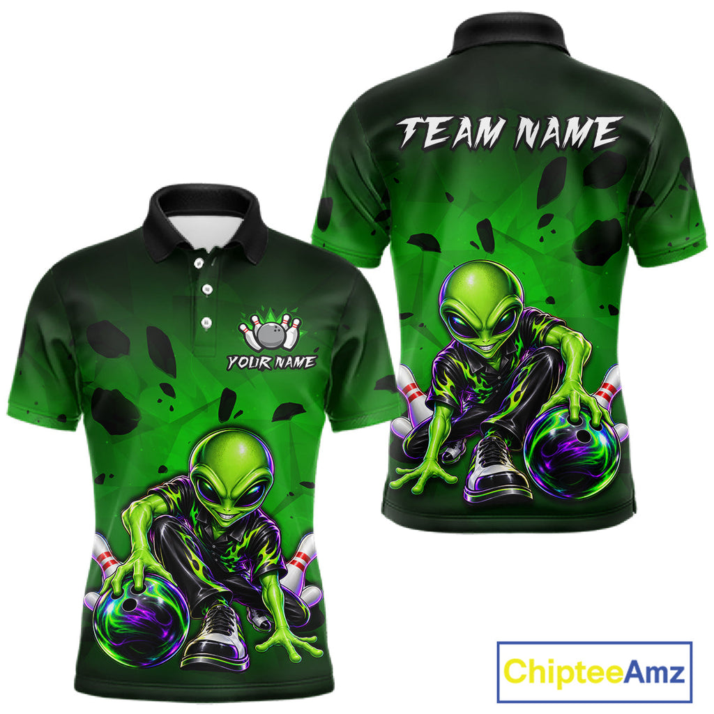 Custom Green Alien Bowling Shirt Funny Bowling Team Jersey Polo & 1/4-Zip