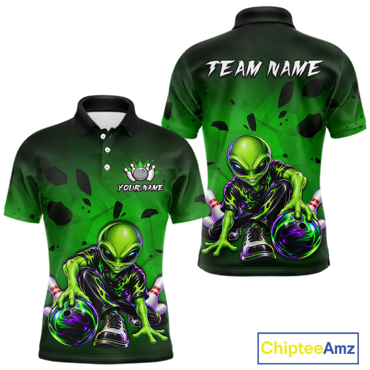 Custom Green Alien Bowling Shirt Funny Bowling Team Jersey Polo & 1/4-Zip