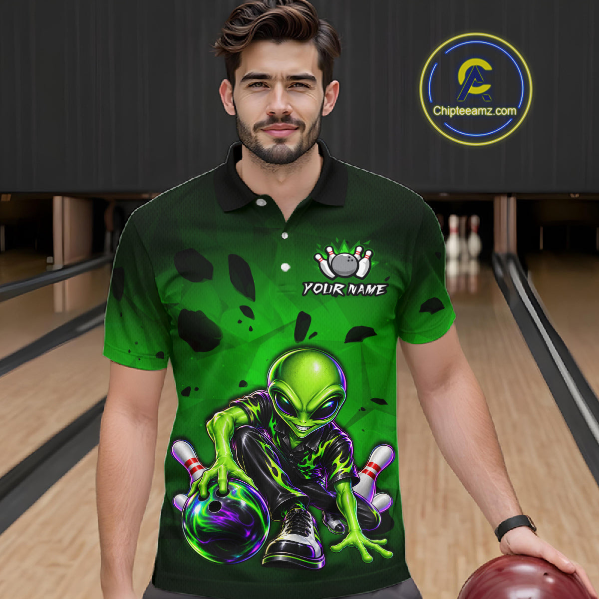 Custom Green Alien Bowling Shirt Funny Bowling Team Jersey Polo & 1/4-Zip