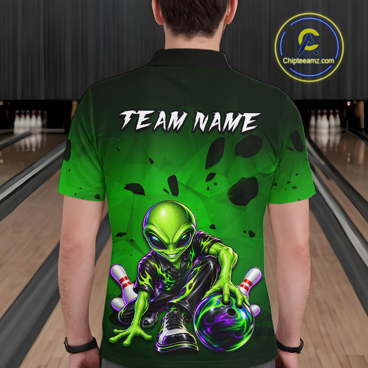 Custom Green Alien Bowling Shirt Funny Bowling Team Jersey Polo & 1/4-Zip