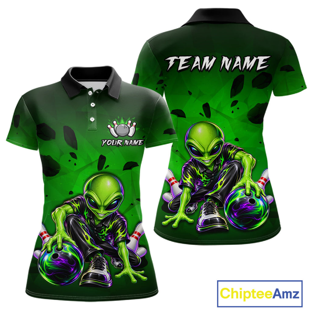 Custom Green Alien Bowling Shirt Funny Bowling Team Jersey Polo & 1/4-Zip