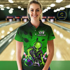 Custom Green Alien Bowling Shirt Funny Bowling Team Jersey Polo & 1/4-Zip