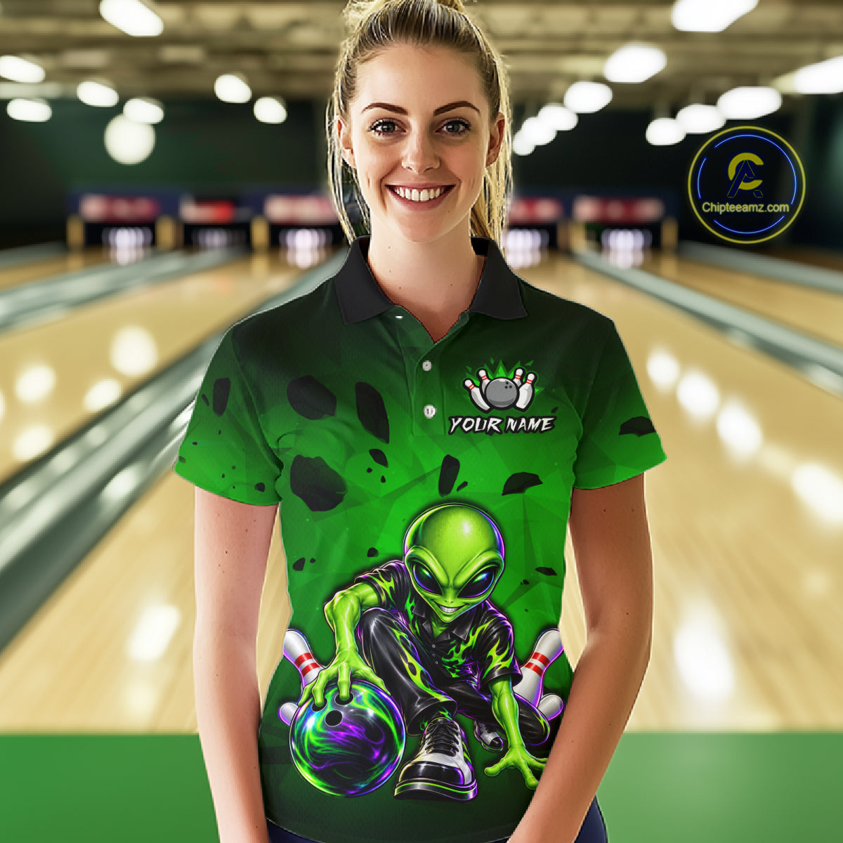 Custom Green Alien Bowling Shirt Funny Bowling Team Jersey Polo & 1/4-Zip