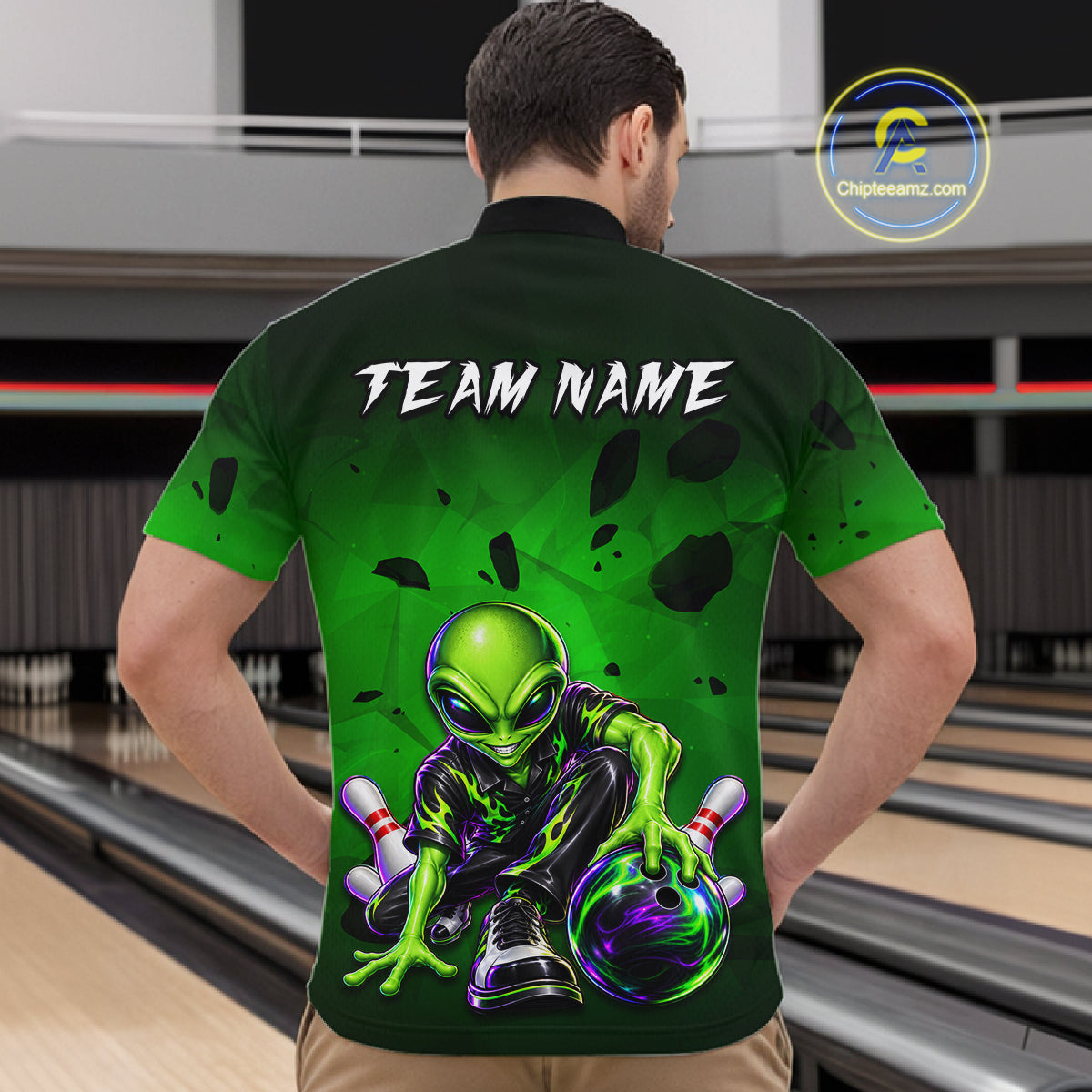 Custom Green Alien Bowling Shirt Funny Bowling Team Jersey Polo & 1/4-Zip