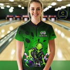 Custom Green Alien Bowling Shirt Funny Bowling Team Jersey Polo & 1/4-Zip