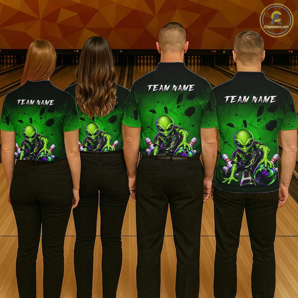 Custom Green Alien Bowling Shirt Funny Bowling Team Jersey Polo & 1/4-Zip