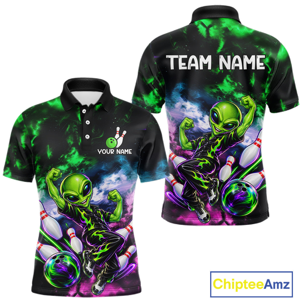 Custom Green & Pink Alien Bowling Shirt Smoke Funny Bowling Team Jersey