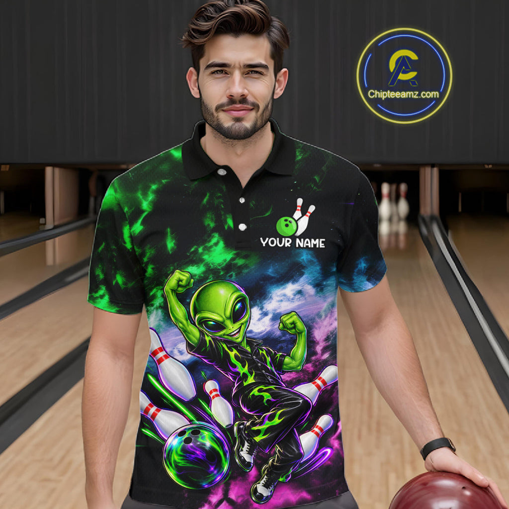 Custom Green & Pink Alien Bowling Shirt Smoke Funny Bowling Team Jersey