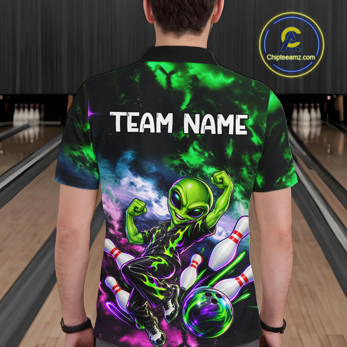 Custom Green & Pink Alien Bowling Shirt Smoke Funny Bowling Team Jersey