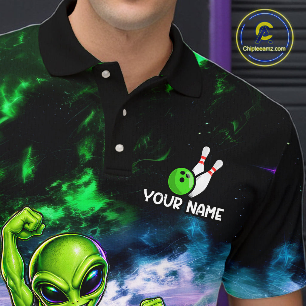 Custom Green & Pink Alien Bowling Shirt Smoke Funny Bowling Team Jersey