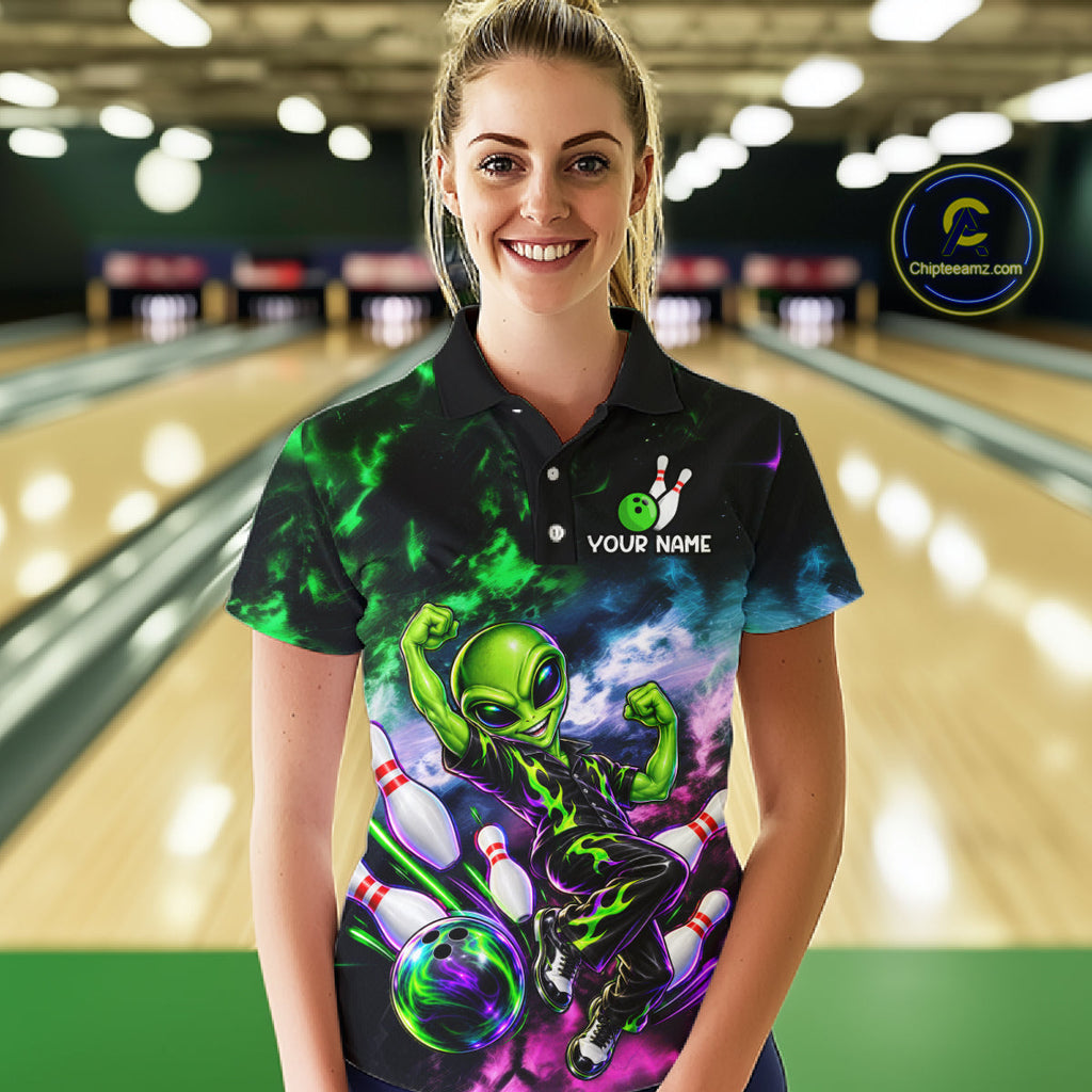Custom Green & Pink Alien Bowling Shirt Smoke Funny Bowling Team Jersey