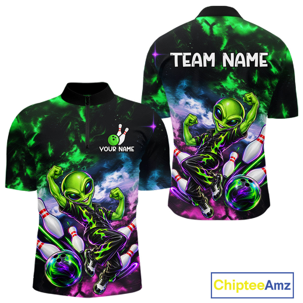Custom Green & Pink Alien Bowling Shirt Smoke Funny Bowling Team Jersey