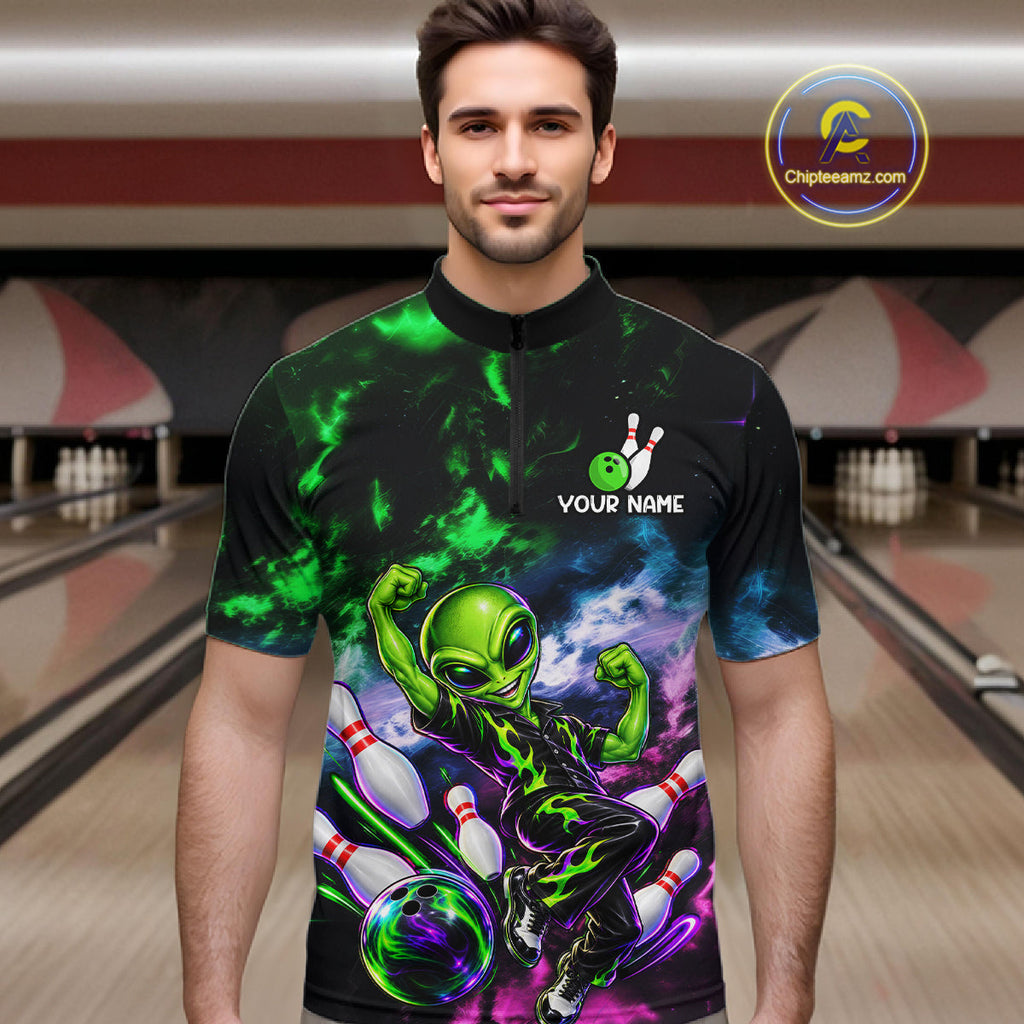 Custom Green & Pink Alien Bowling Shirt Smoke Funny Bowling Team Jersey