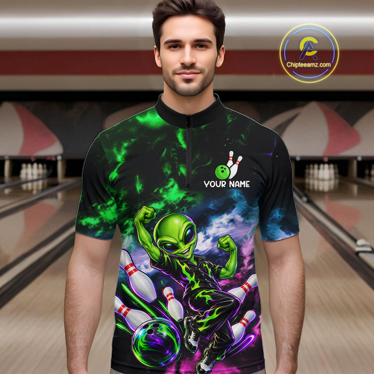 Custom Green & Pink Alien Bowling Shirt Smoke Funny Bowling Team Jersey