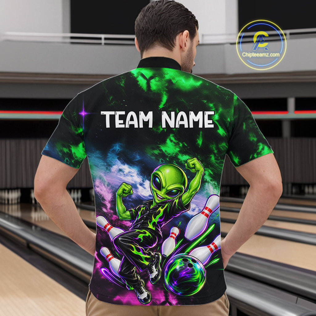 Custom Green & Pink Alien Bowling Shirt Smoke Funny Bowling Team Jersey