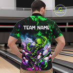 Custom Green & Pink Alien Bowling Shirt Smoke Funny Bowling Team Jersey