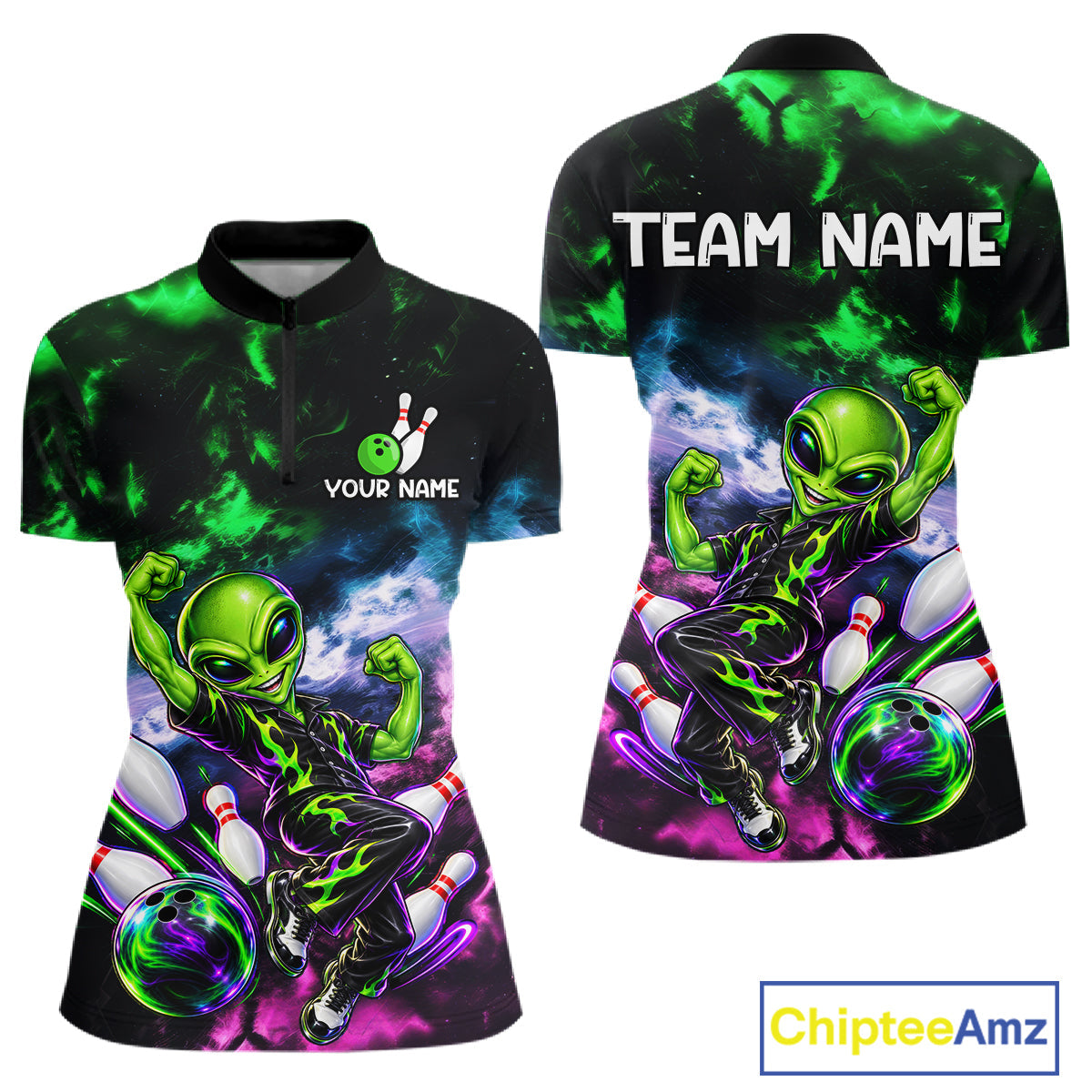 Custom Green & Pink Alien Bowling Shirt Smoke Funny Bowling Team Jersey