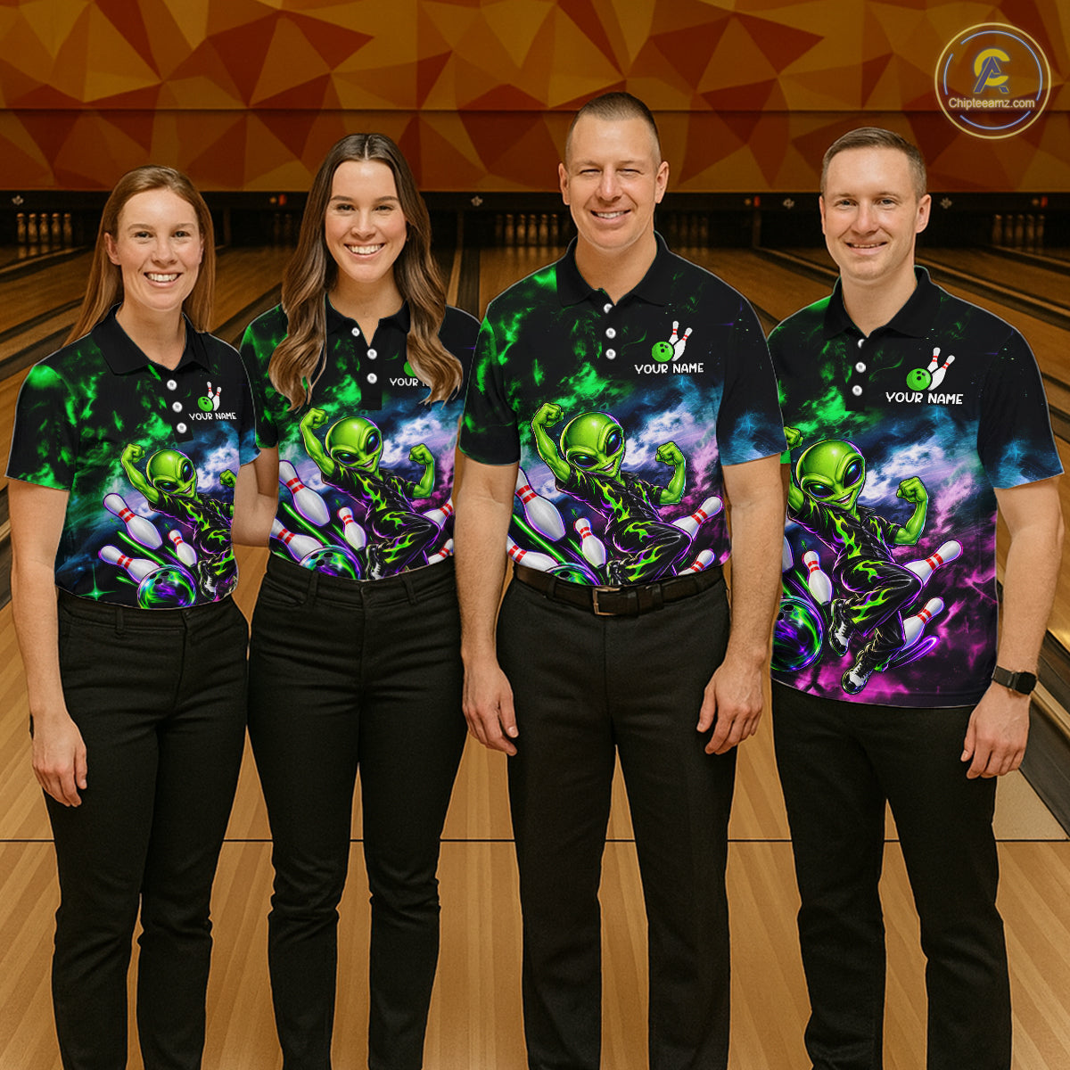 Custom Green & Pink Alien Bowling Shirt Smoke Funny Bowling Team Jersey