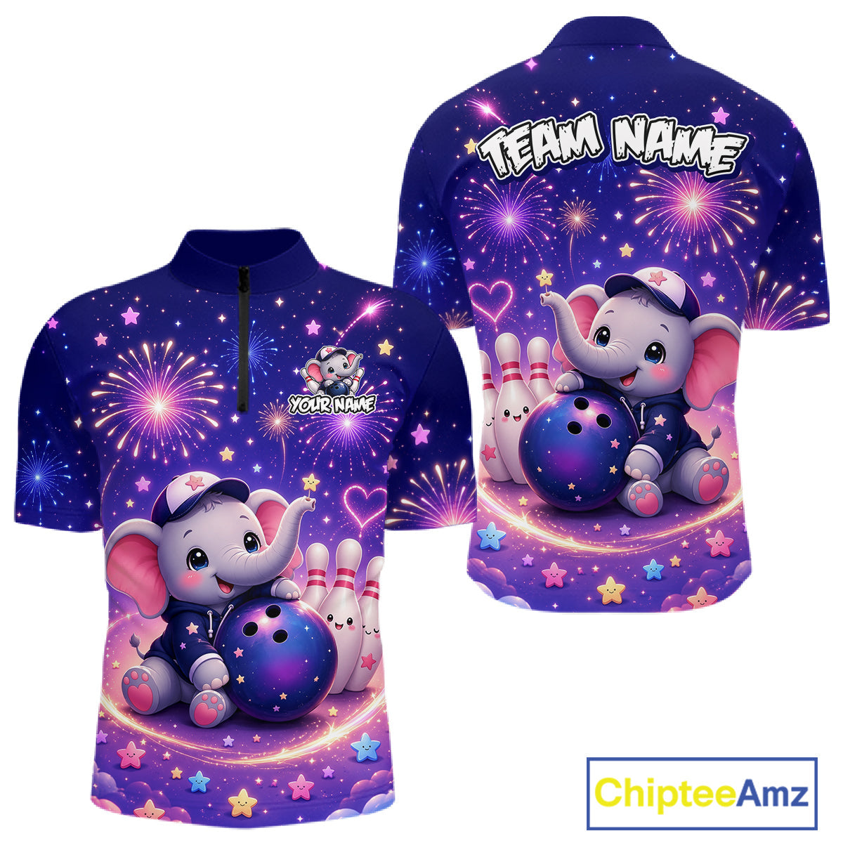 Custom Funny Elephant Firework Bowling Team Shirt Bowling Jersey Polo & 1/4-Zip
