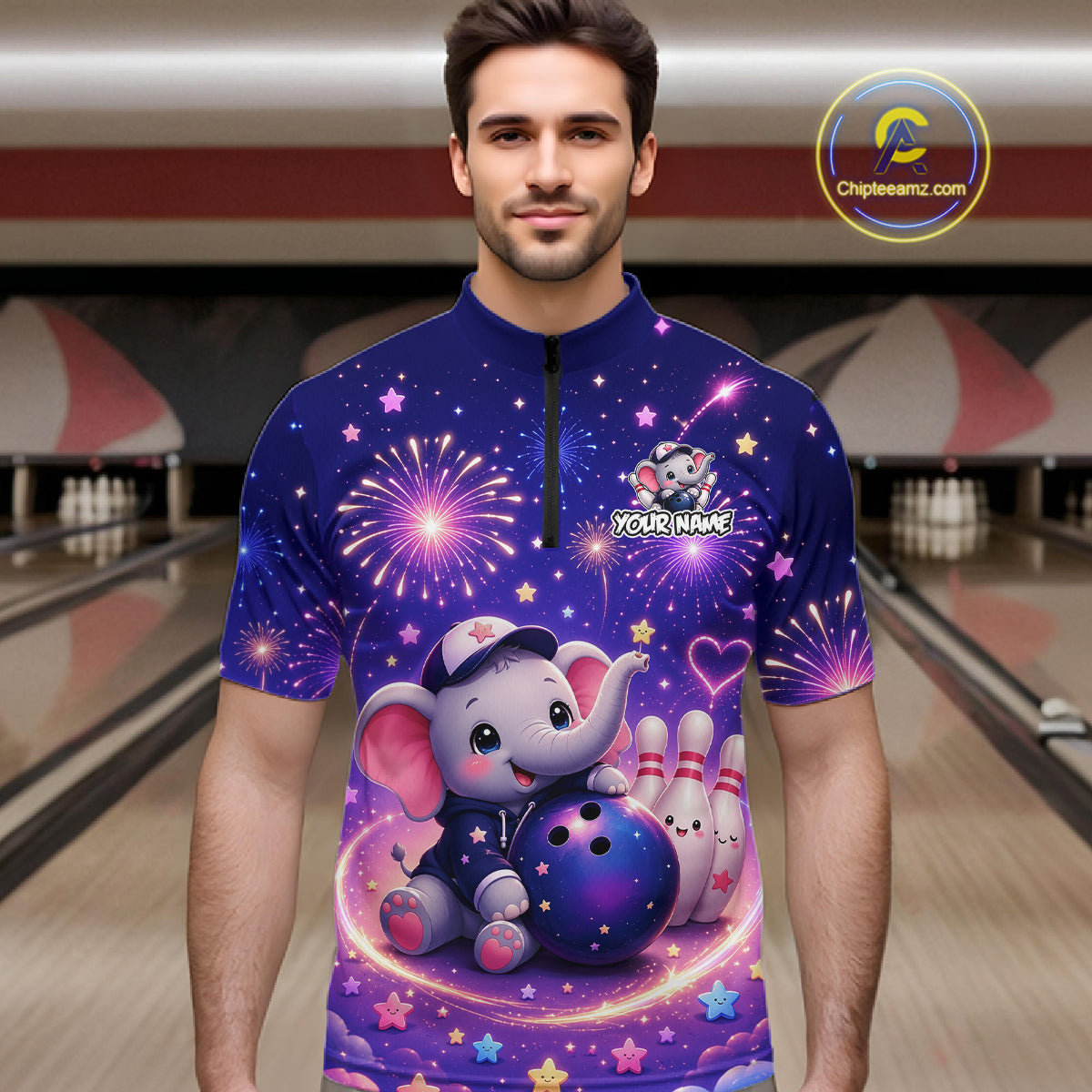 Custom Funny Elephant Firework Bowling Team Shirt Bowling Jersey Polo & 1/4-Zip